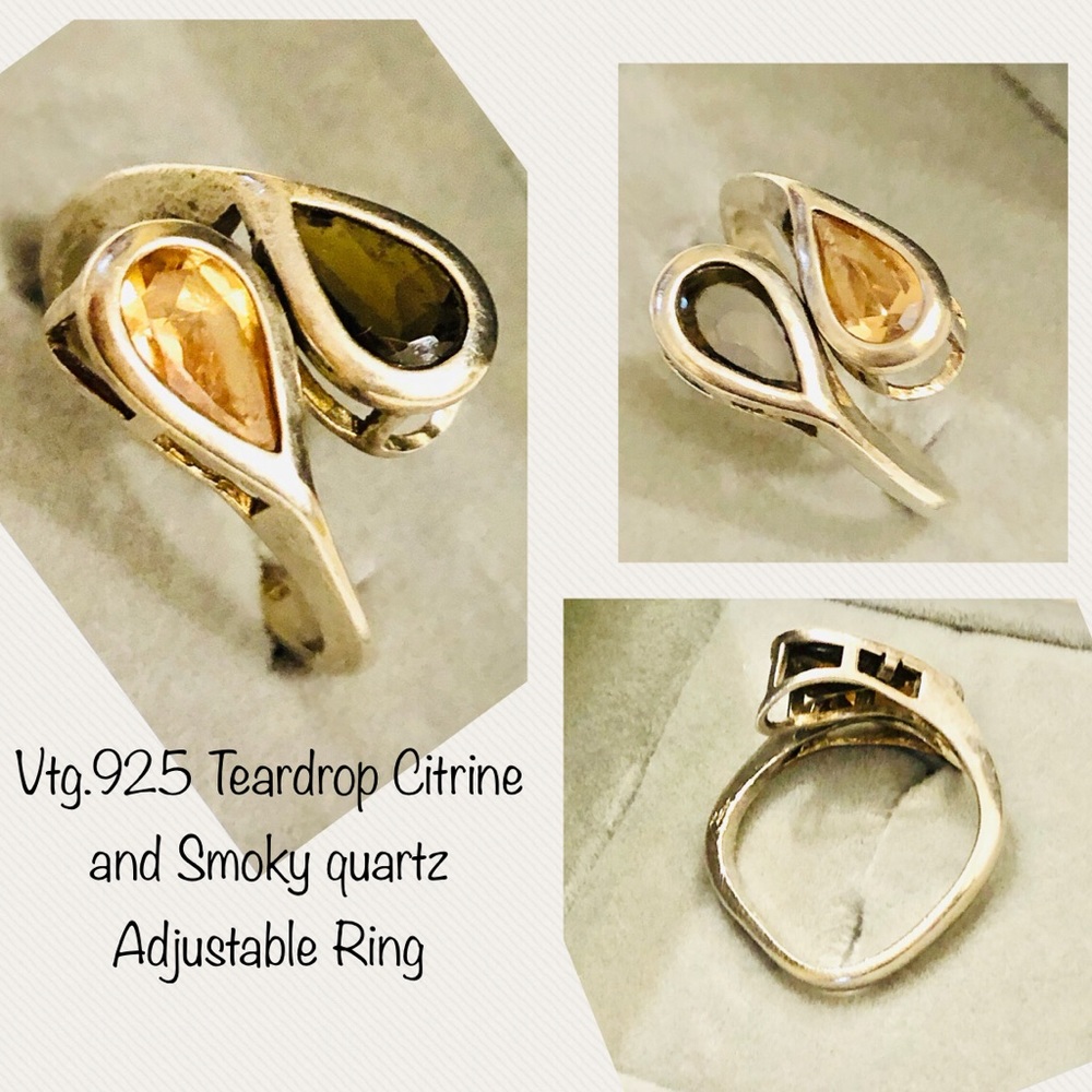 Vtg 925 Citrine and Smoky quartz Teardrop adjustable ring